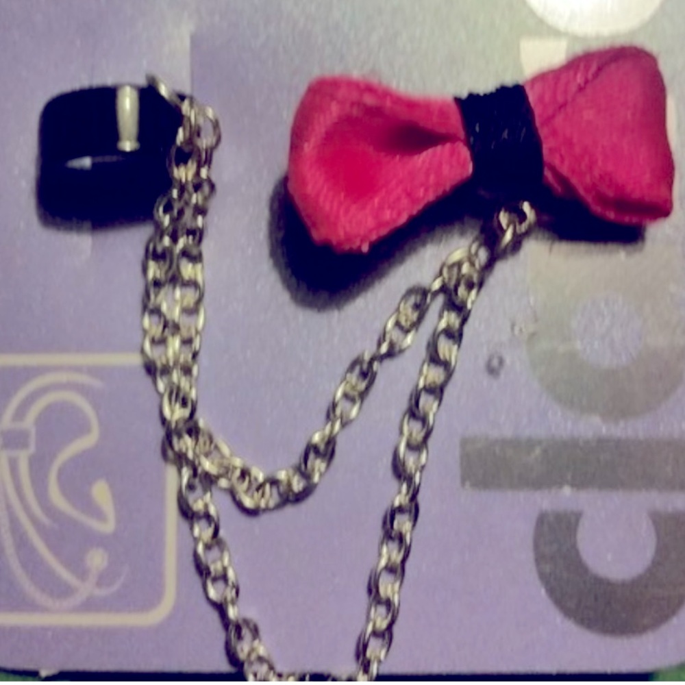 Black & Pink Bow Cuff Earring Ear Set 2 Piece New